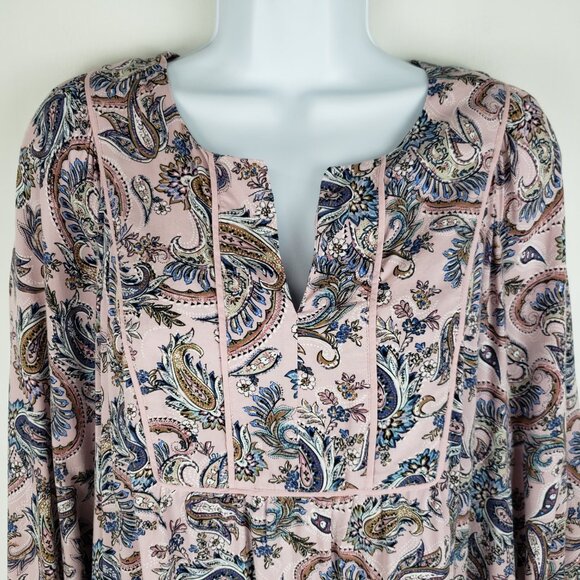 J Jill Relaxed Long Sleeve Piped Paisley Print Top Pink Boho Popover Size Small - Picture 7 of 7
